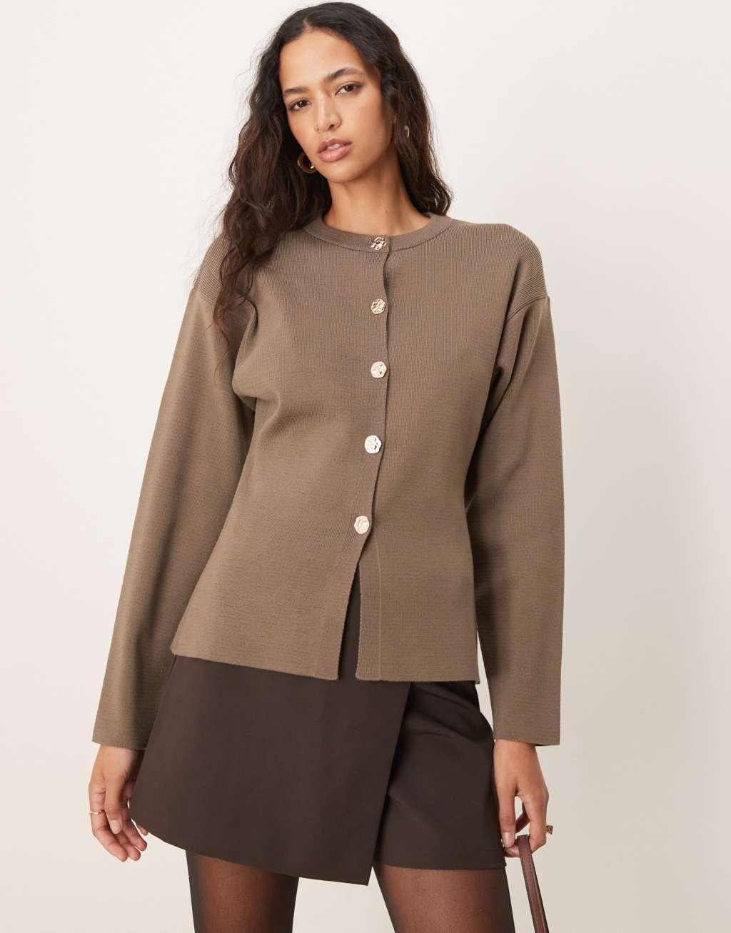 ASOS DESIGN knit structured crew neck cardigan with gold buttons in black Product Image