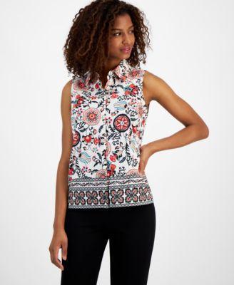 T Tahari Womens Printed Sleeveless Button-Front Top Product Image