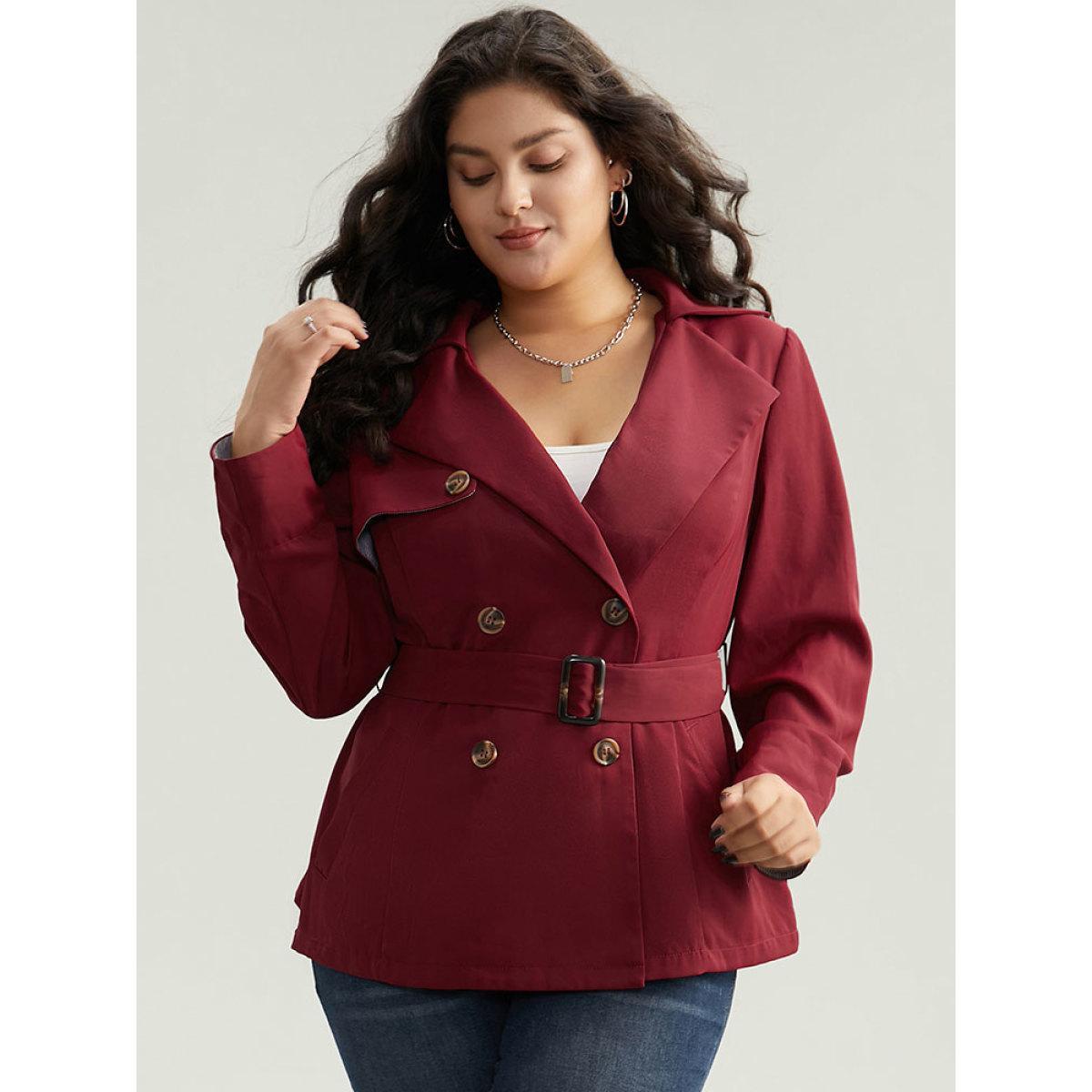 Plus Size Twill Lapel Collar Belted Button Up Buckle Detail Coat Women Burgundy Casual Plain Ladies Dailywear Winter Coats BloomChic 18-20/2X Product Image