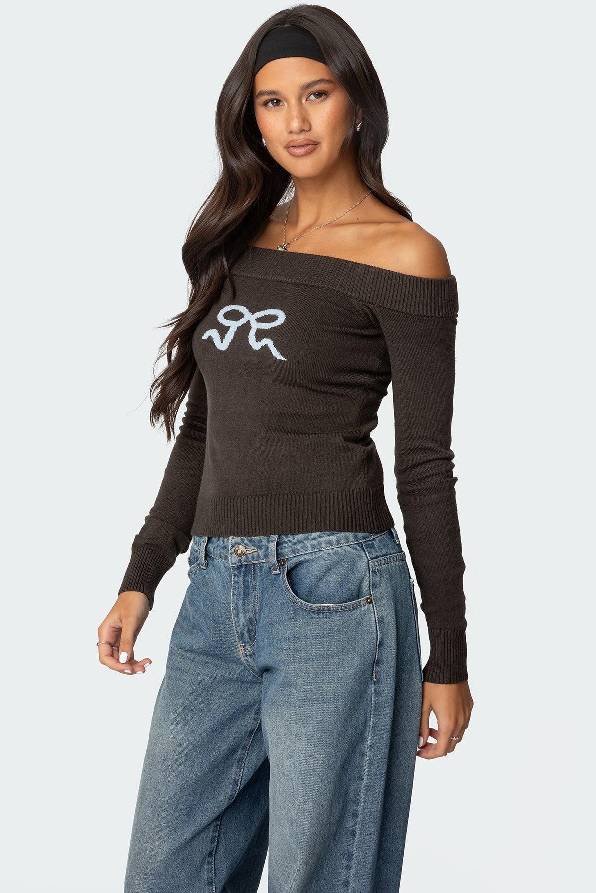 Tj Off Shoulder Knit Bow Top Product Image