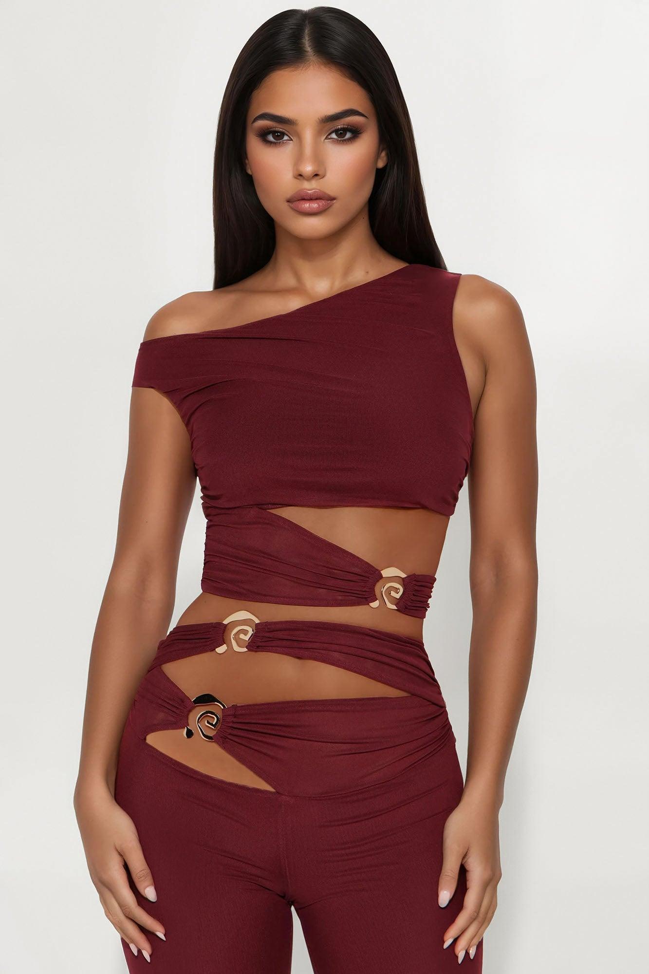 Emily Mesh Off The Shoulder Pant Set - Burgundy Product Image