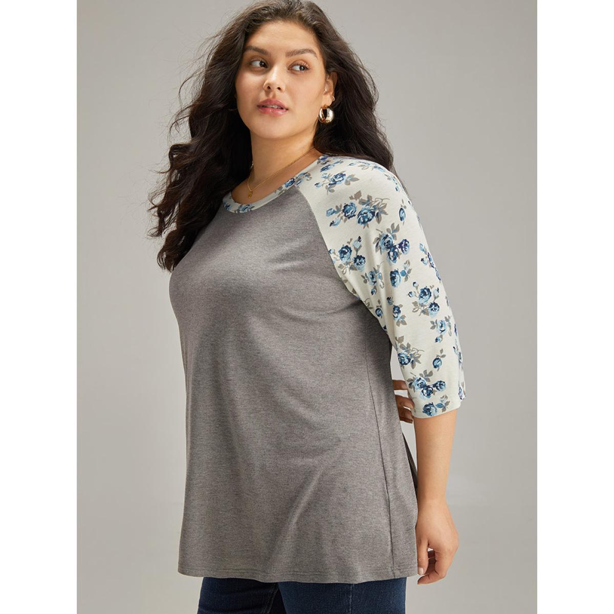 Plus Size Ditsy Floral Patchwork Contrast T-shirt Gray Women Elegant Printed Ditsy Floral Round Neck Dailywear T-shirts BloomChic 30/6X Product Image