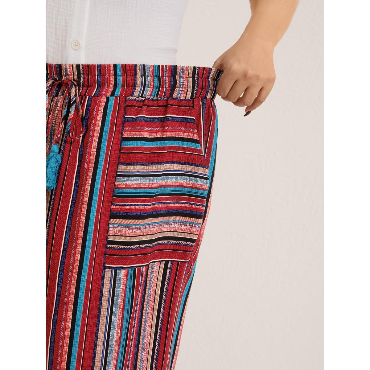 Plus Size Boho Stripes Drawstring Wide-Leg Pants Women Crimson Resort Wide Leg Mid Rise Vacation Pants BloomChic 30/6X Product Image