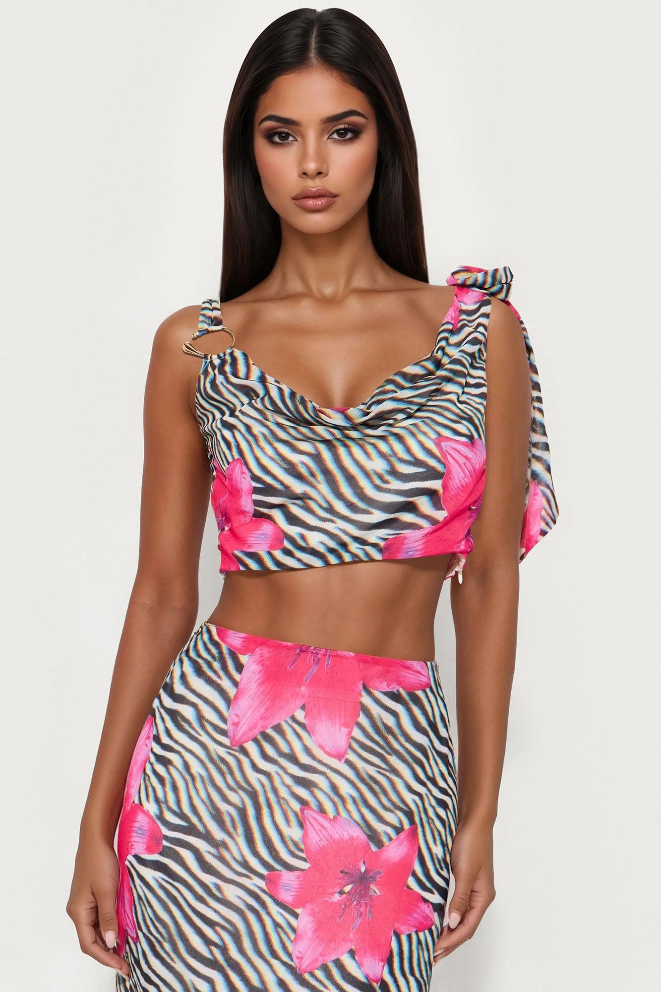 Wild Bloom Zebra Skirt Set - Black/Pink Product Image
