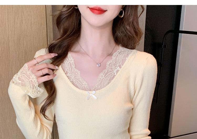Long-Sleeve V-Neck Bow Lace Trim Ribbed Knit Top Product Image