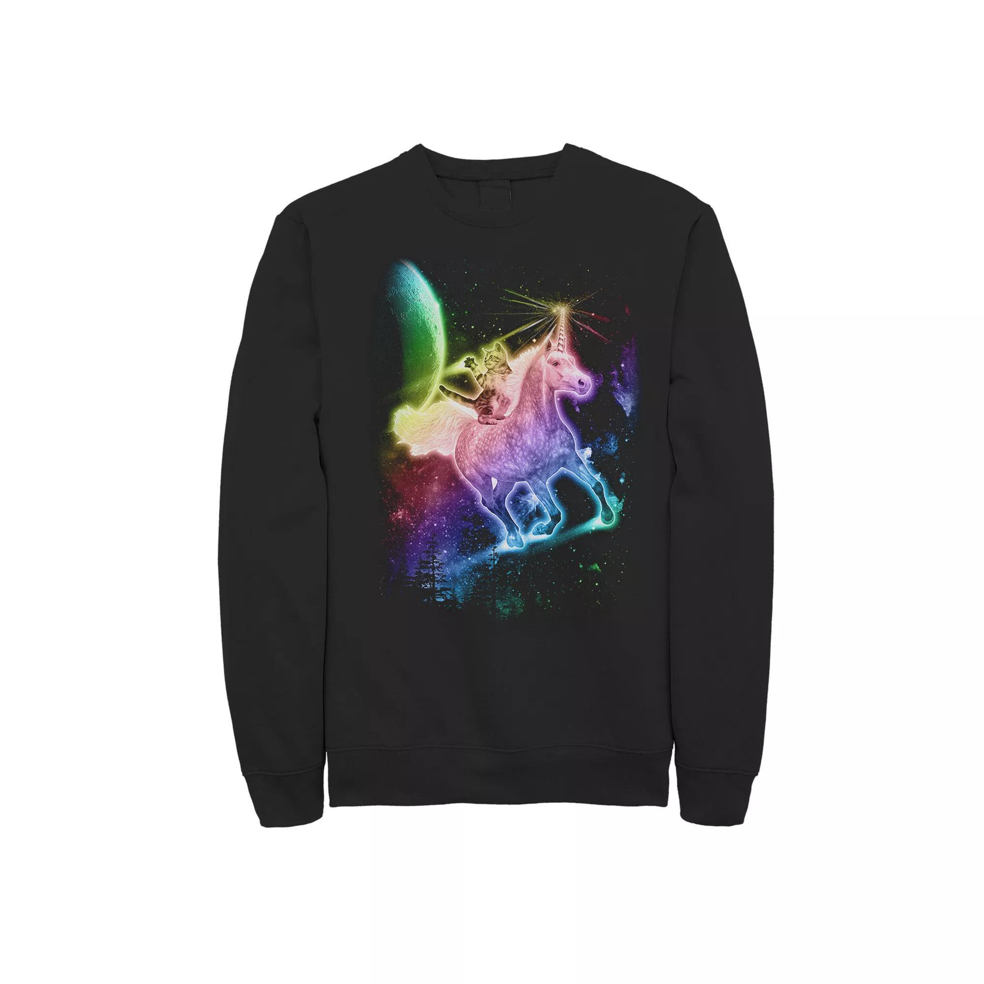 Men's Rainbow Kitten Unicorn In Space Fleece Crewneck Sweatshirt, Size: Medium, Black Product Image