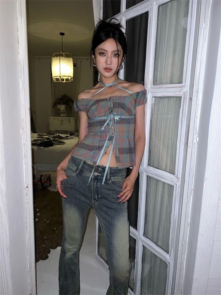 Off-Shoulder Plain Ribbon Slim-Fit Crop Shirt Product Image