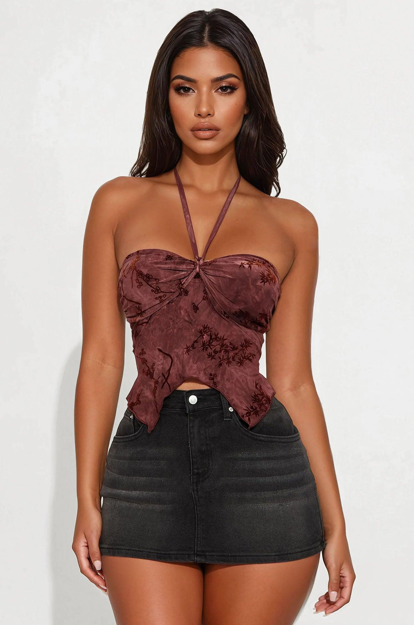 Erin Flocked Halter Top - Burgundy/combo Product Image