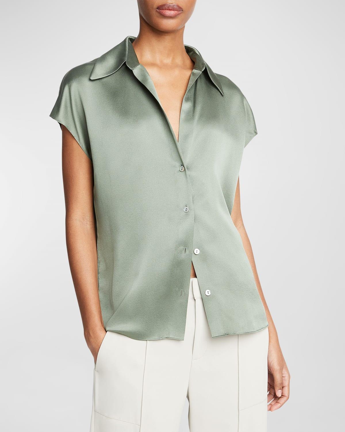 Cap-Sleeve Ruched-Back Silk Blouse Product Image