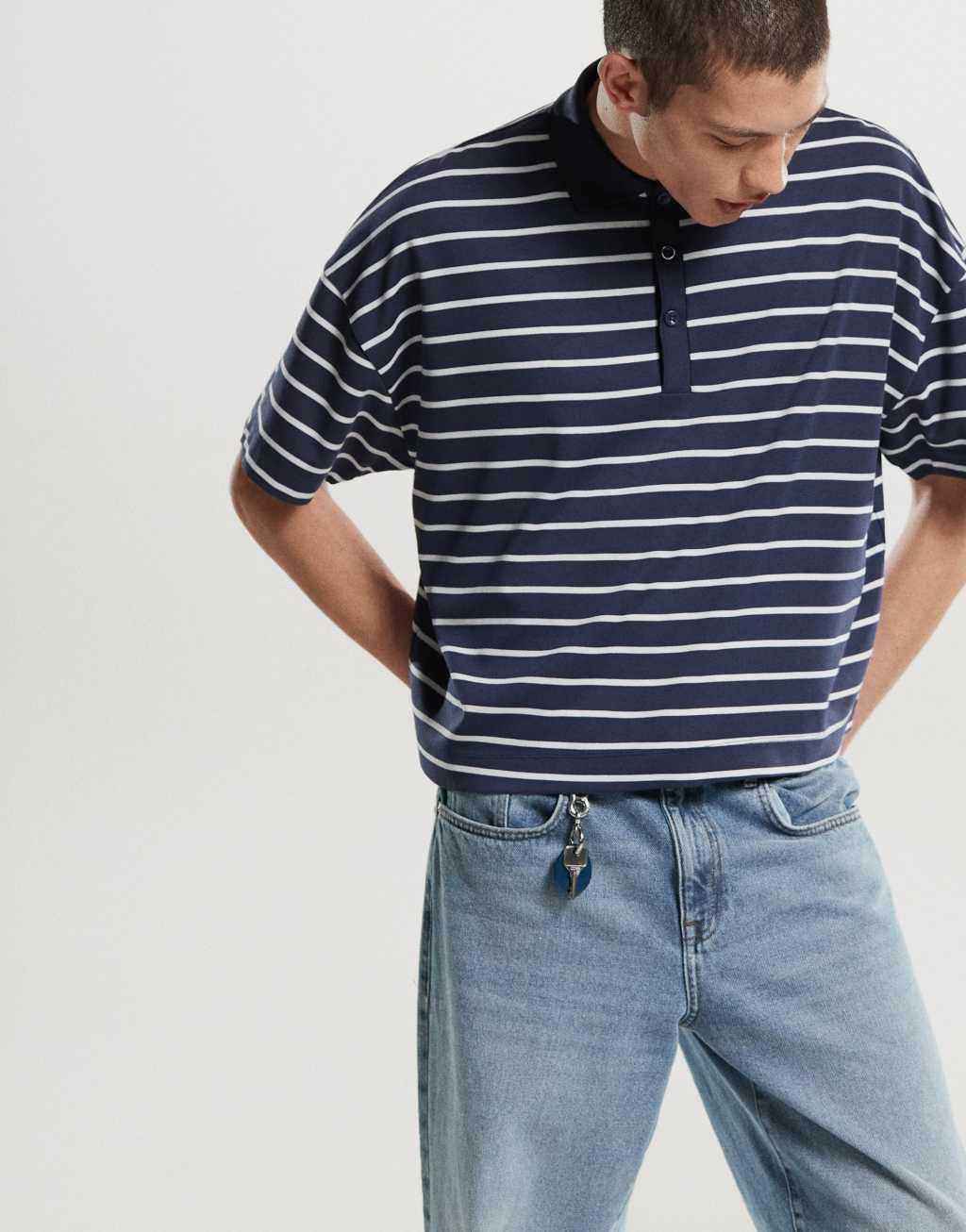 ASOS DESIGN oversized crop dropped shoulder polo in navy and white stripe Product Image