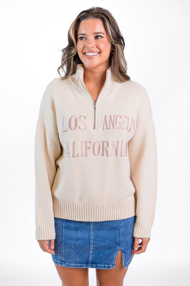 Roll With It Beige Los Angeles Embroidered Quarter Zip Sweater  SALE Product Image