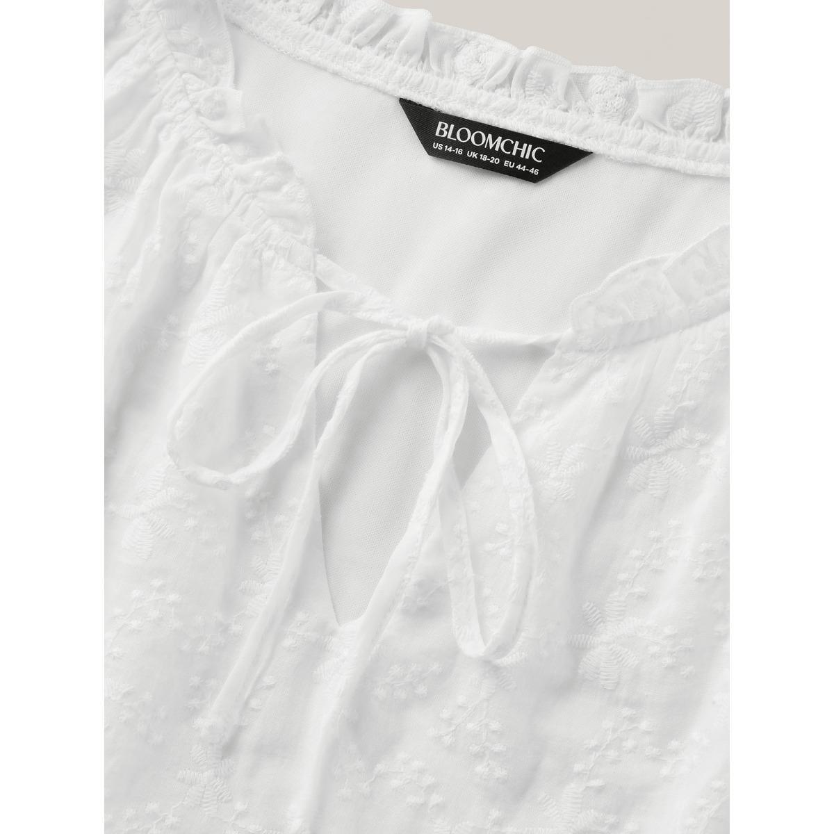 Plus Size WhiteSmoke Cotton Embroidery Notched Neck Tie Shirt Women Half Sleeve Flat collar with V-notch Everyday-Elegant Blouses BloomChic 26/4X Product Image