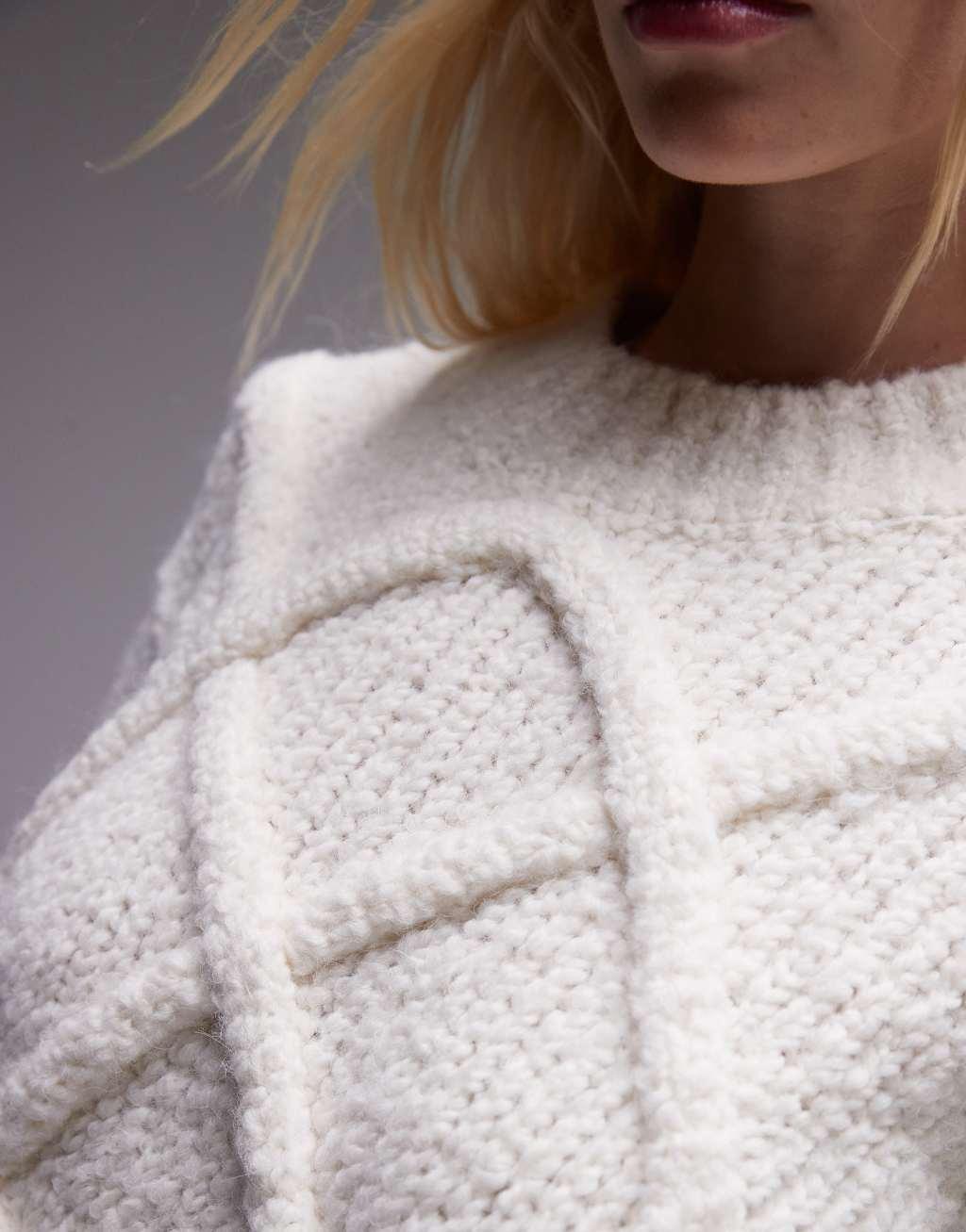 Topshop knitted premium pretzel cable oversized sweater in ivory Product Image