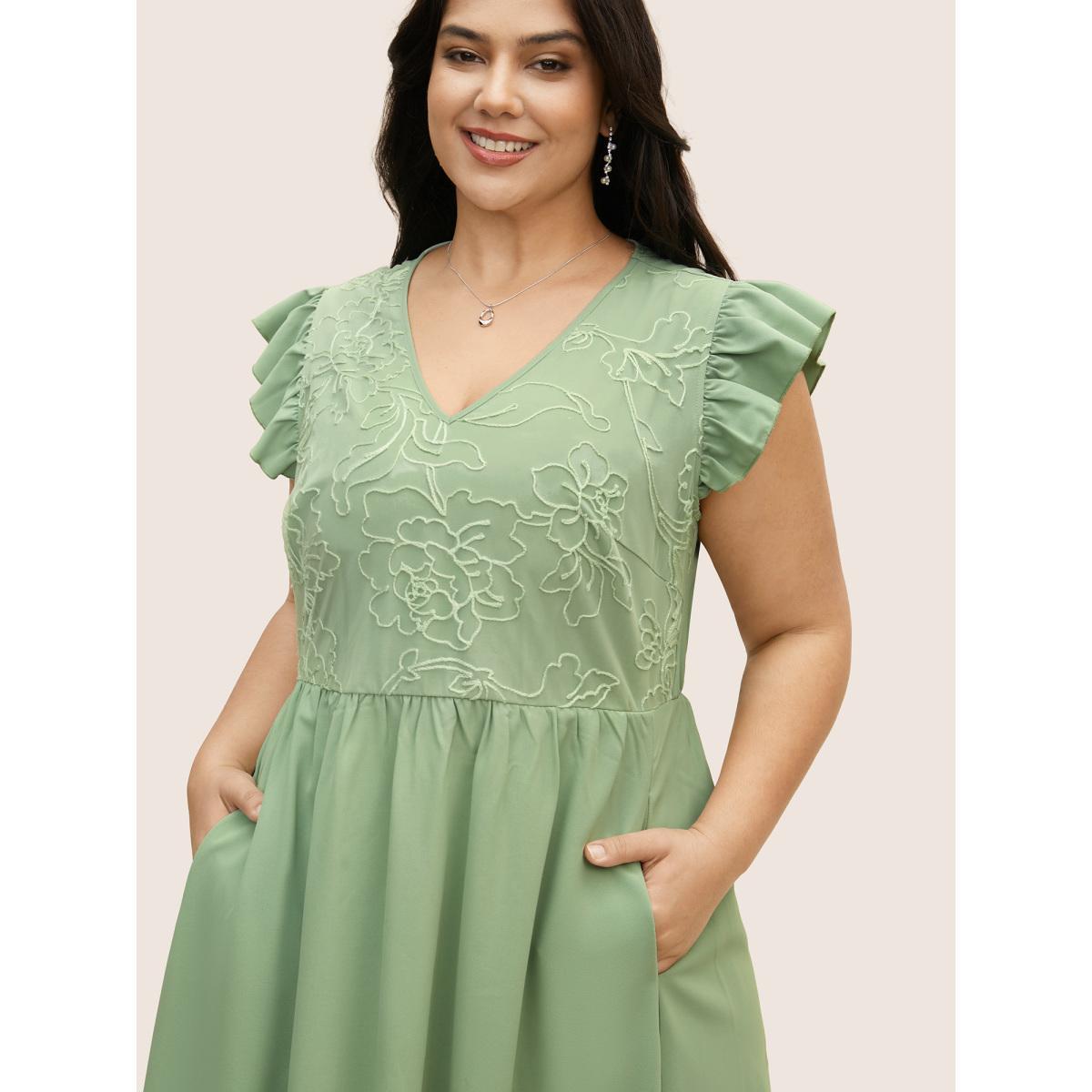 Plus Size Synthetic Texture Ruffle Cap Sleeve Dress Palemauve Women Elegant Texture V-neck Cap Sleeve Curvy BloomChic 10/M Product Image