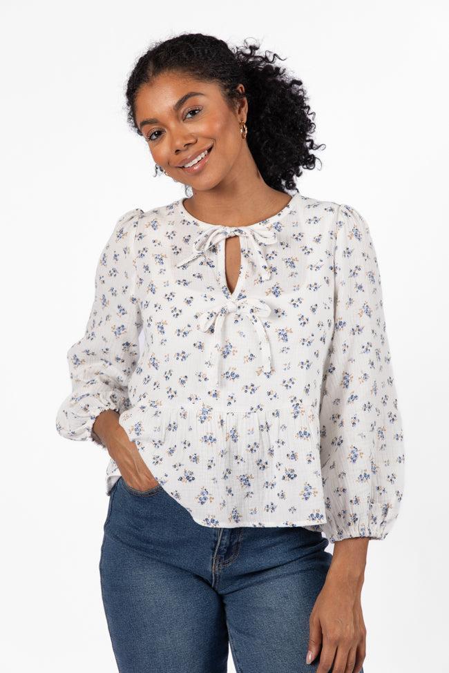 Close To Me Ivory and Blue Bow Detail Floral Blouse FINAL SALE Product Image