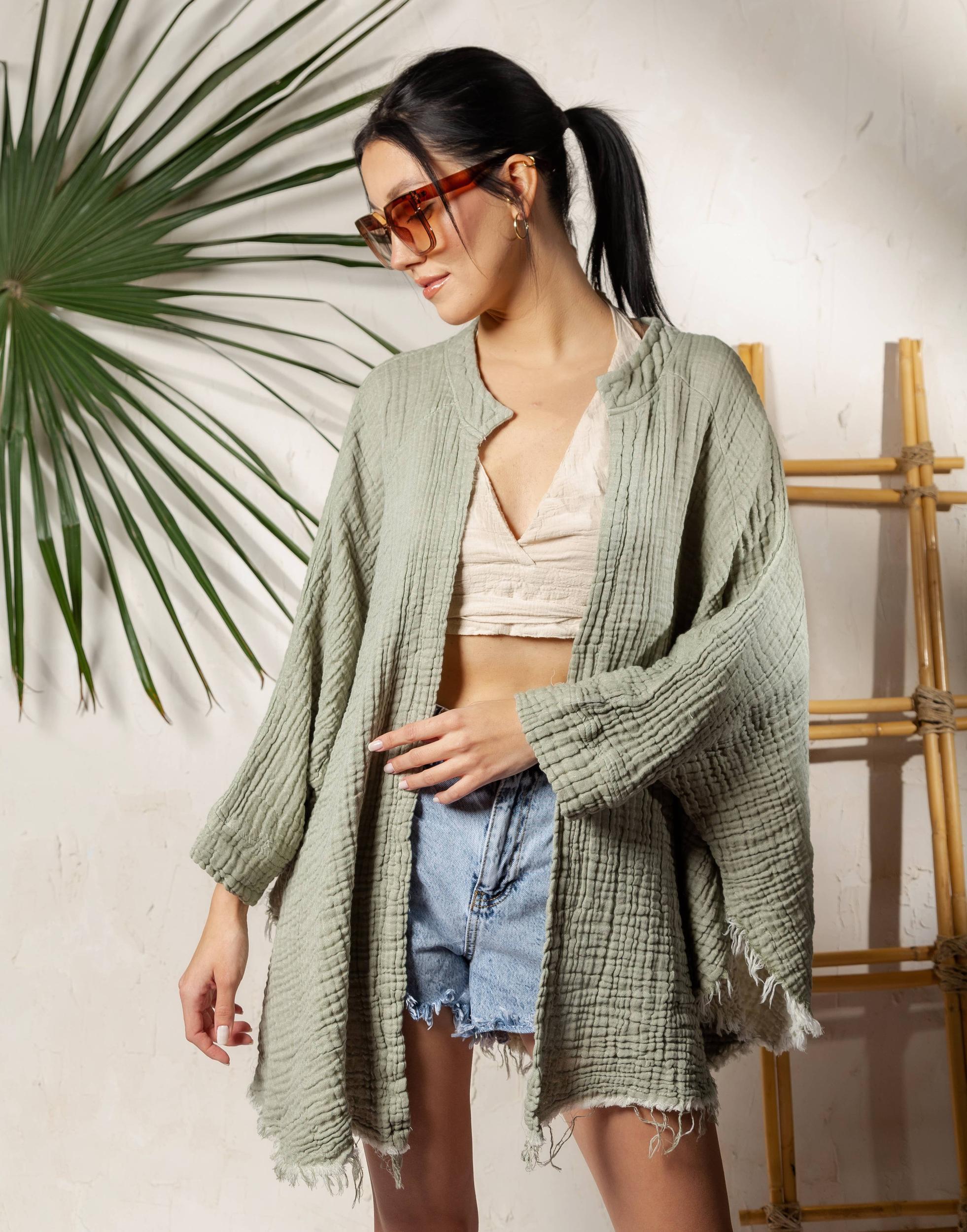 Boho Muslin Kimono Poncho: Green Product Image
