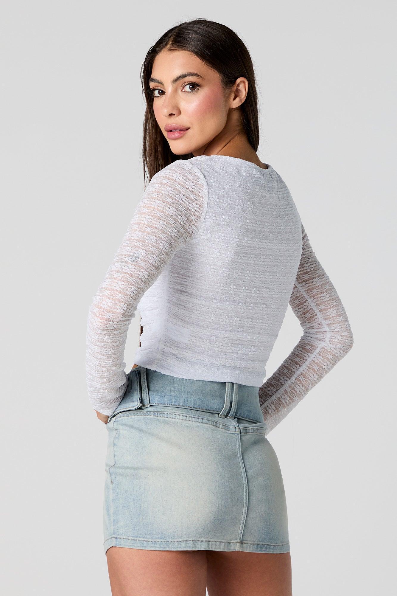 Floral Lace Long Sleeve Crop Top Female Product Image