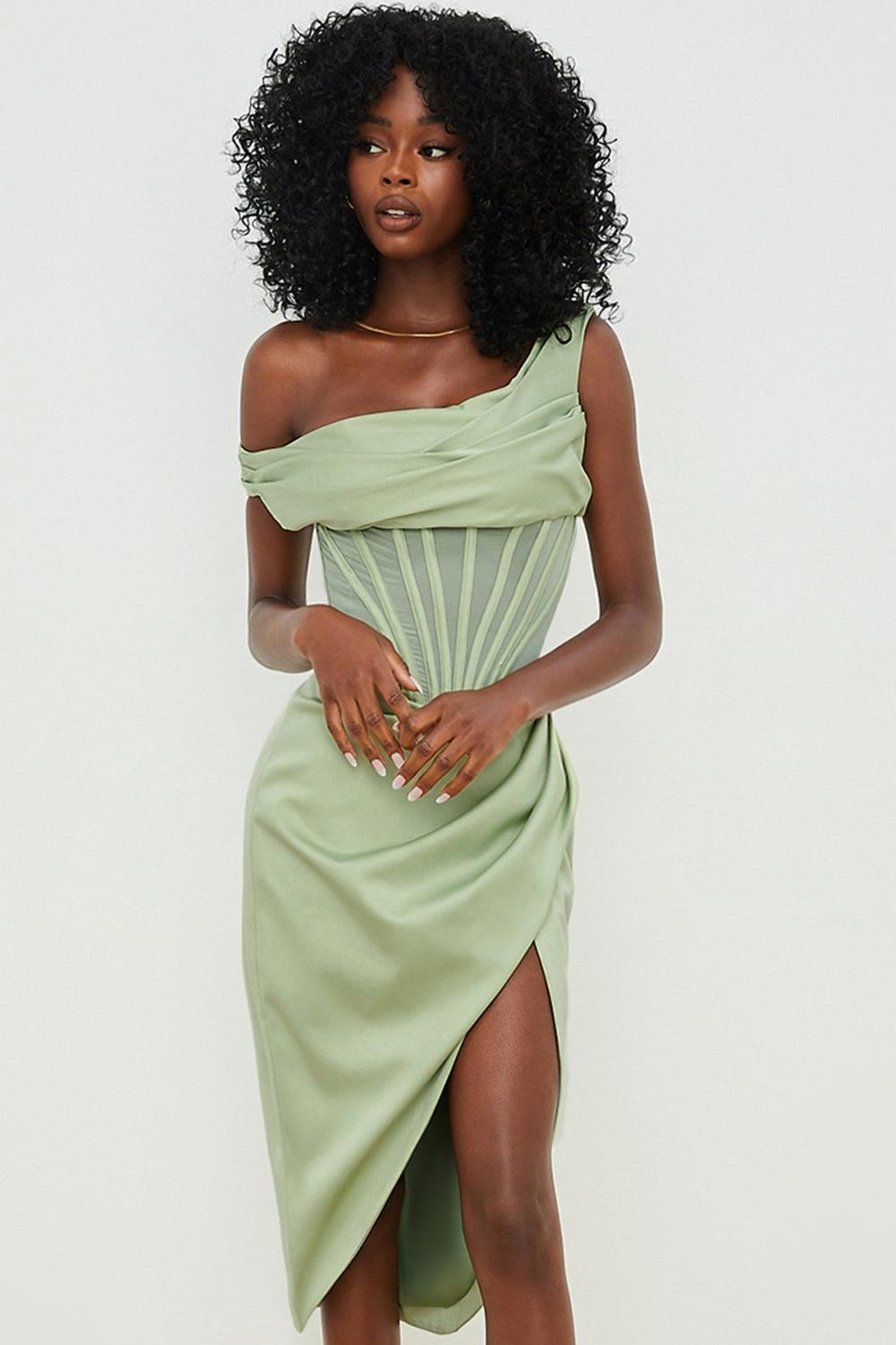 Lulu Pistachio Asymmetric Drape Midi Corset Dress Product Image