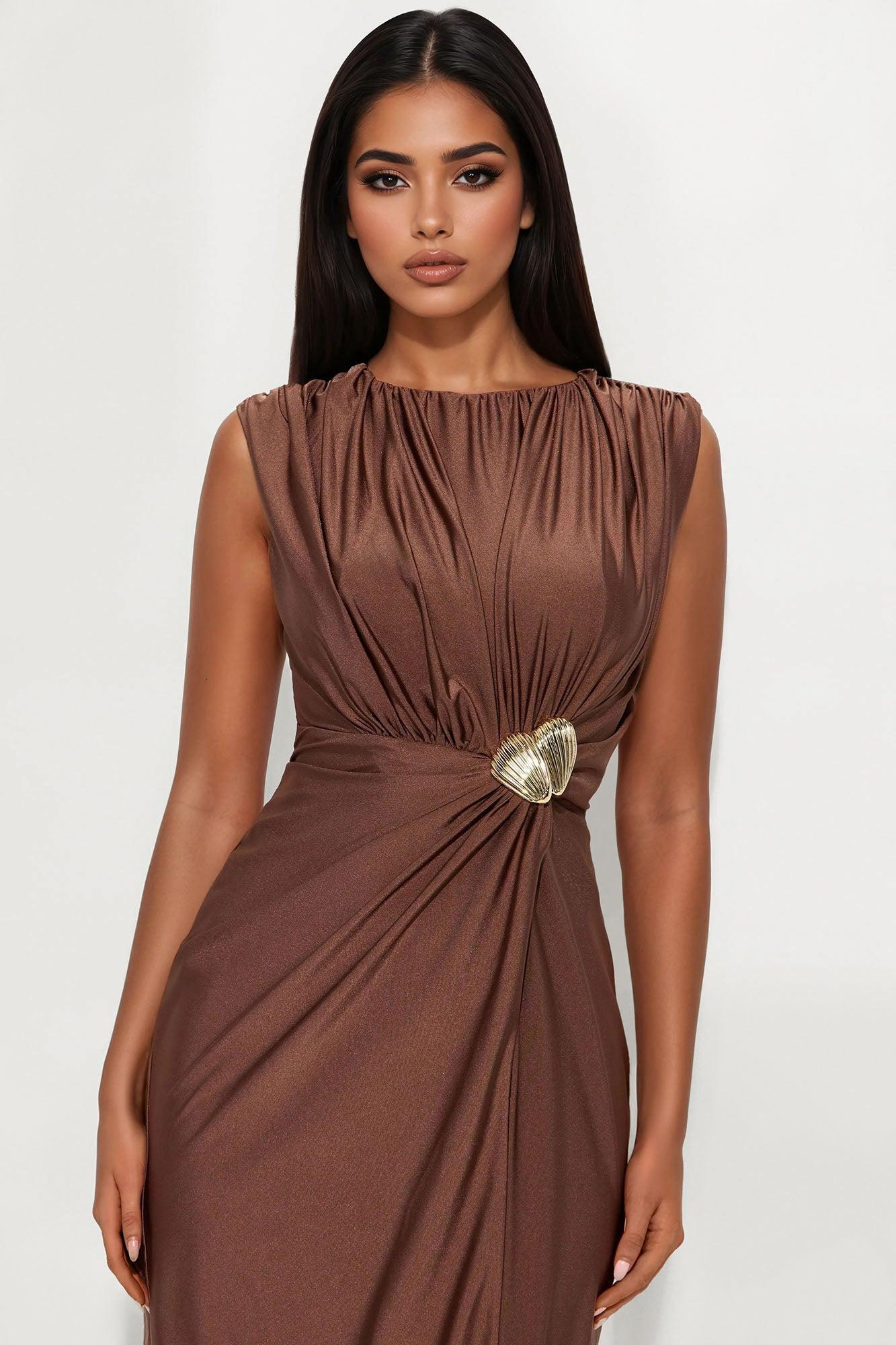 Danielle Draped Tricot Maxi Dress - Brown Product Image