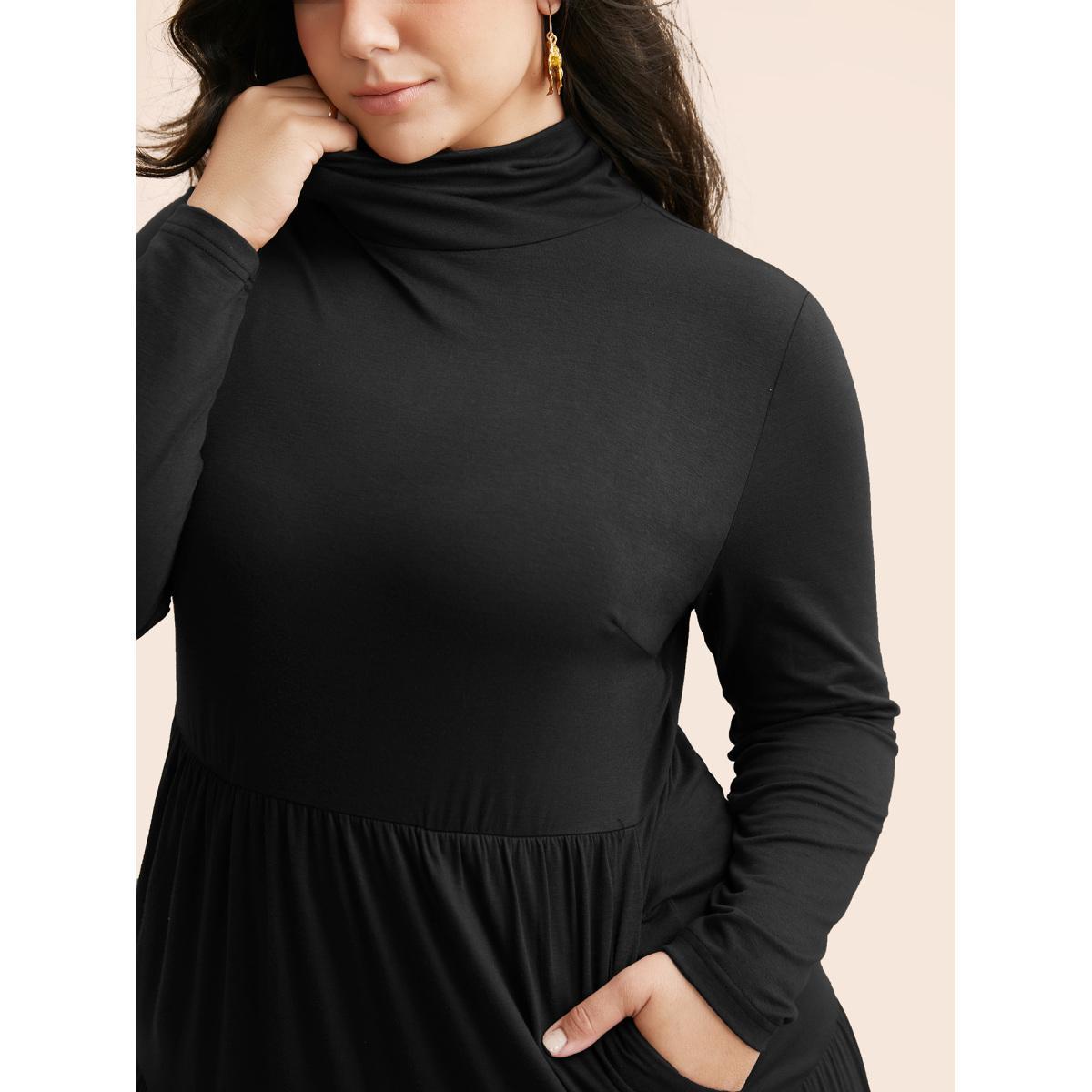 Plus Size Supersoft Essentials Funnel Neck Tiered Midi Dress Pureblack Women Casual Ruffles Mock Neck Long Sleeve Curvy BloomChic 28/5X Product Image