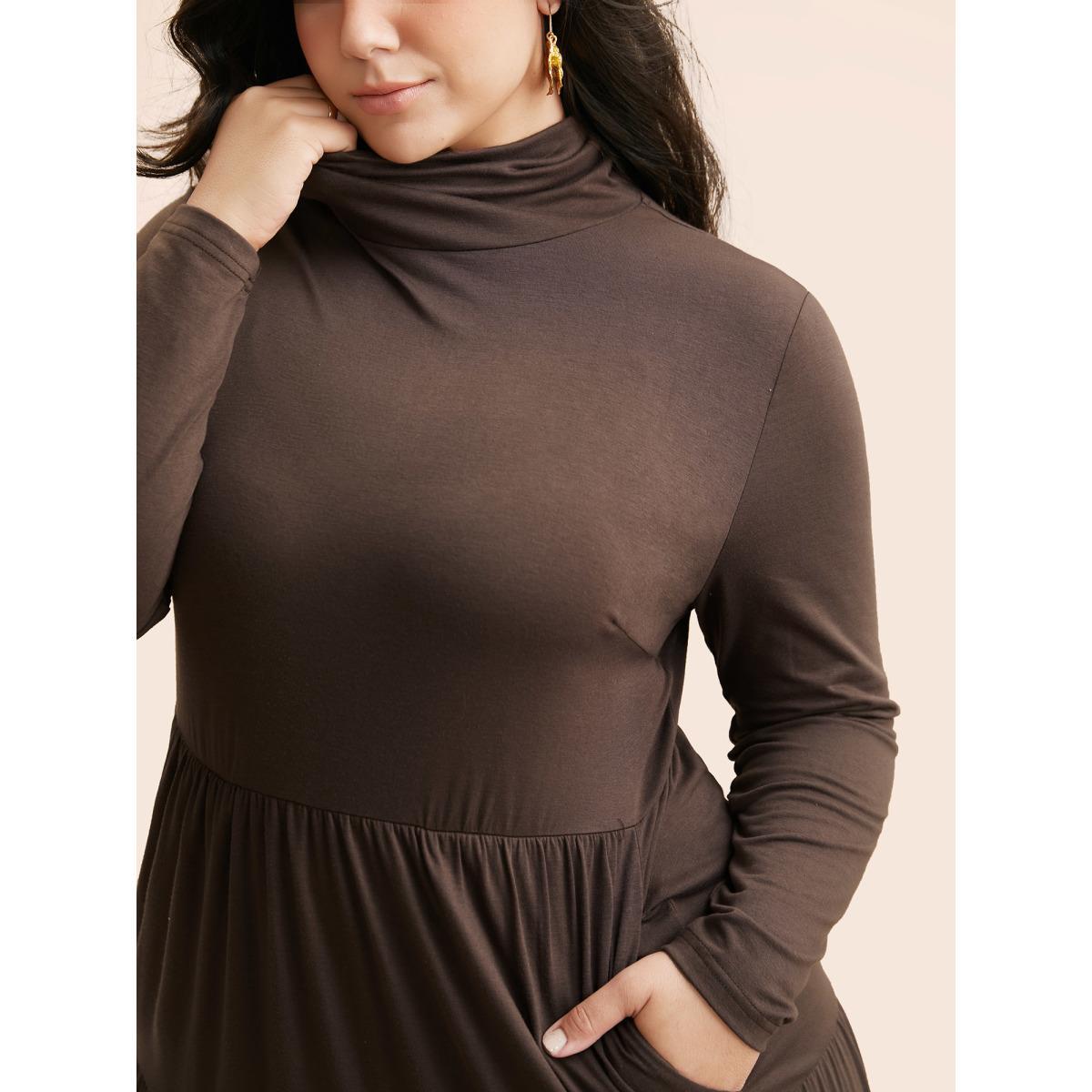 Plus Size Supersoft Essentials Funnel Neck Tiered Midi Dress DarkBrown Women Casual Ruffles Mock Neck Long Sleeve Curvy BloomChic 18-20/2X Product Image