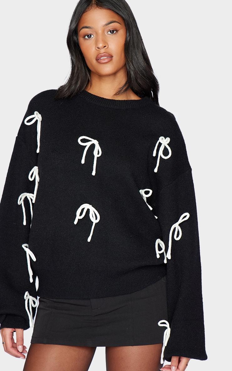Tall Black Bow Detail Oversized Christmas Sweater Product Image