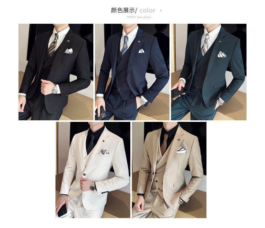 Set: V-Neck Plain Double-Breasted Vest + Double-Breasted Blazer + High Waist Straight Leg Dress Pants Product Image