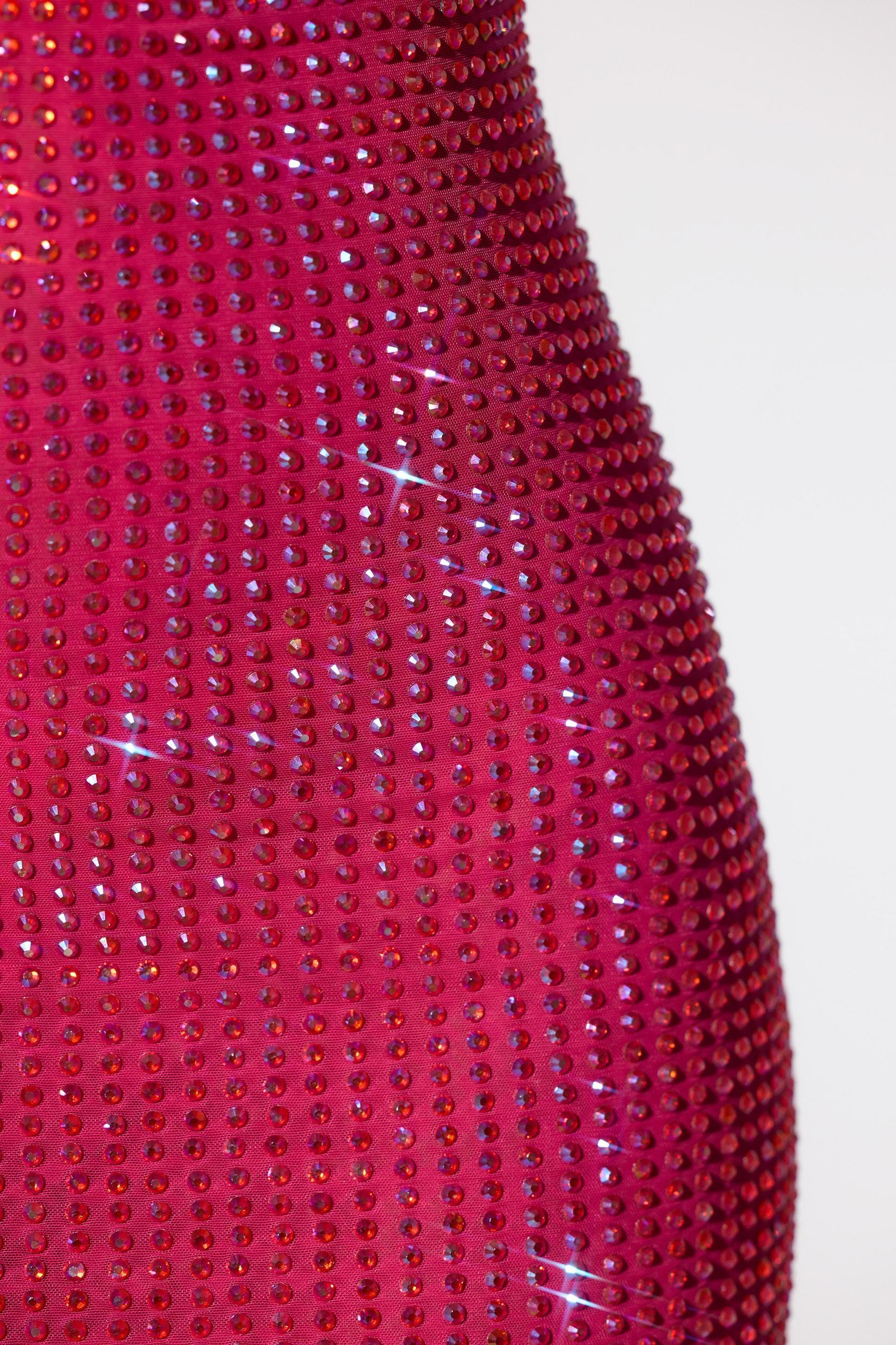 Embellished Extreme Cowl Neck Halter Mini Dress in Hot Pink Product Image