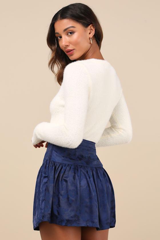 Sensational Approach Navy Blue Satin Jacquard Mini Skirt Product Image