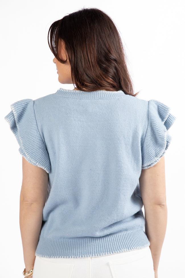 Everywhere and Back Light Blue Flutter Sleeve Stitched Detail Sweater SALE Product Image