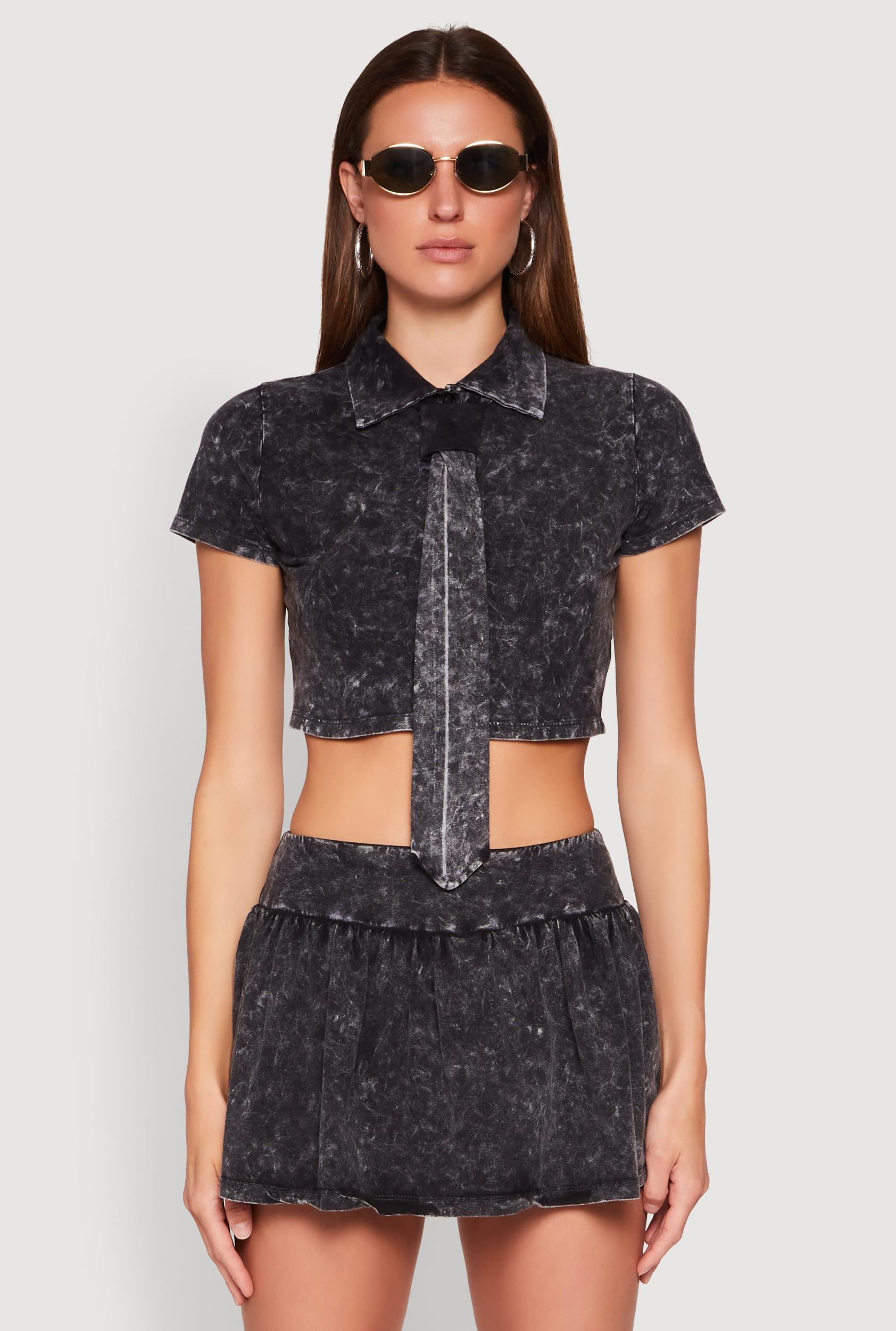 Womens Mineral Wash Crop Top with Necktie Product Image