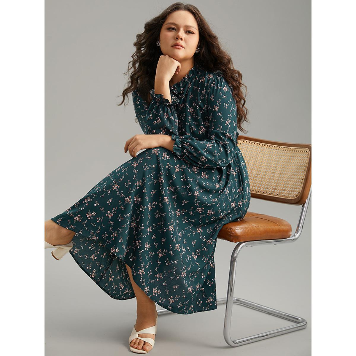 Plus Size Ditsy Floral Pocket Mock Neck Dress DarkGreen Women Elegant Cross straps Mock Neck Long Sleeve Curvy Midi Dress BloomChic 12/L Product Image