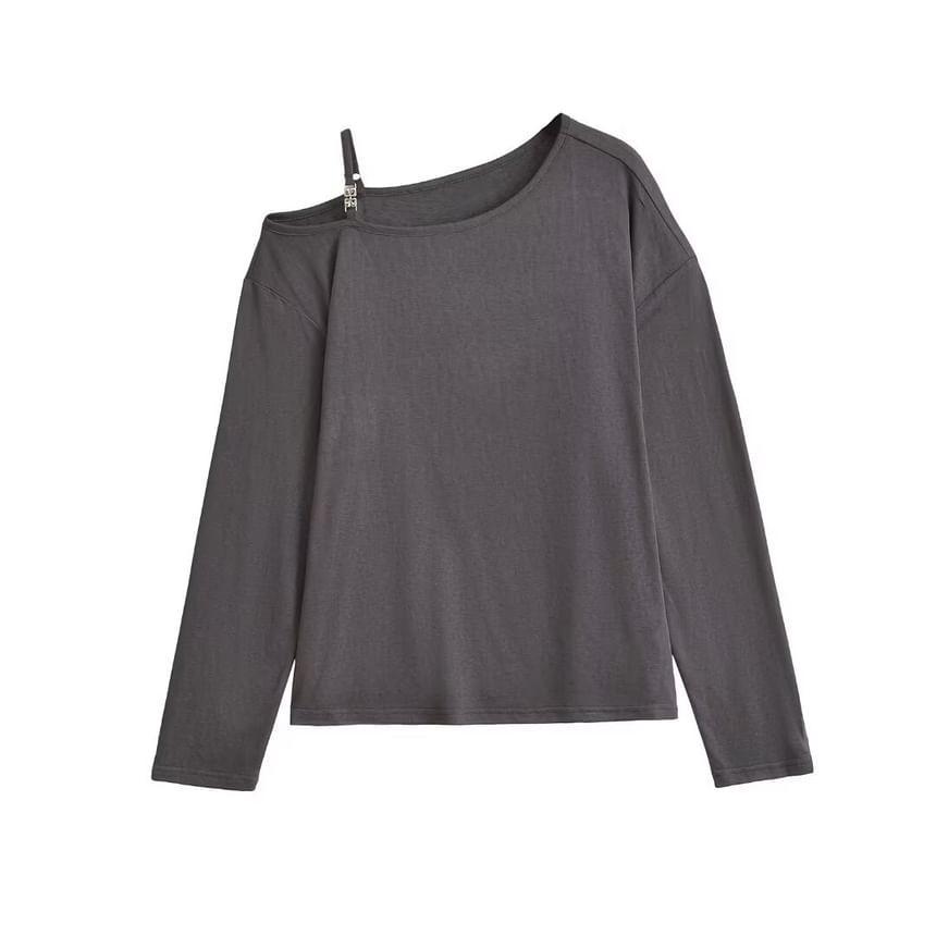 Cold-Shoulder Long-Sleeve Plain Tee Product Image