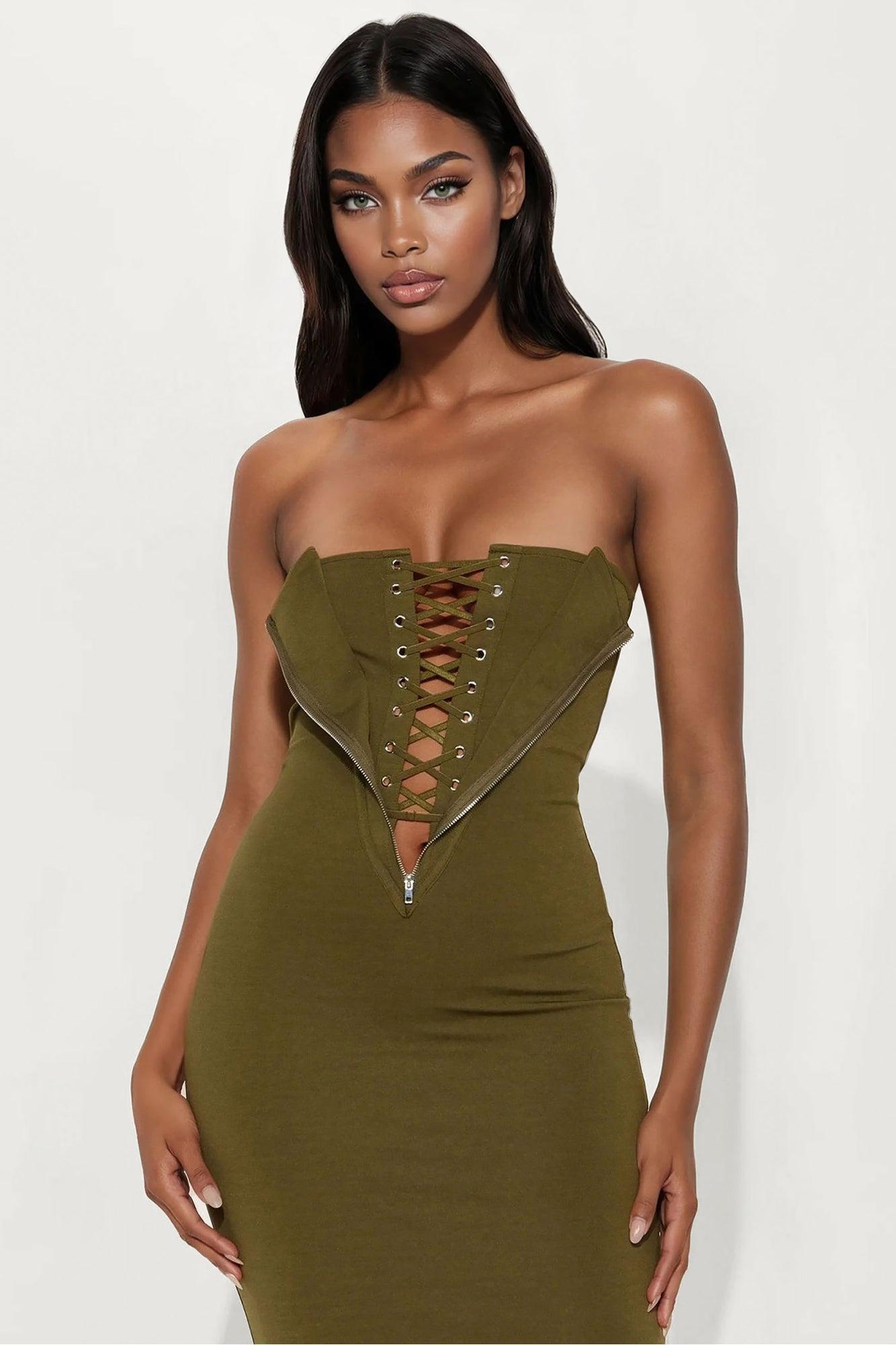 Kiara Lace Up  Maxi Dress - Olive Product Image