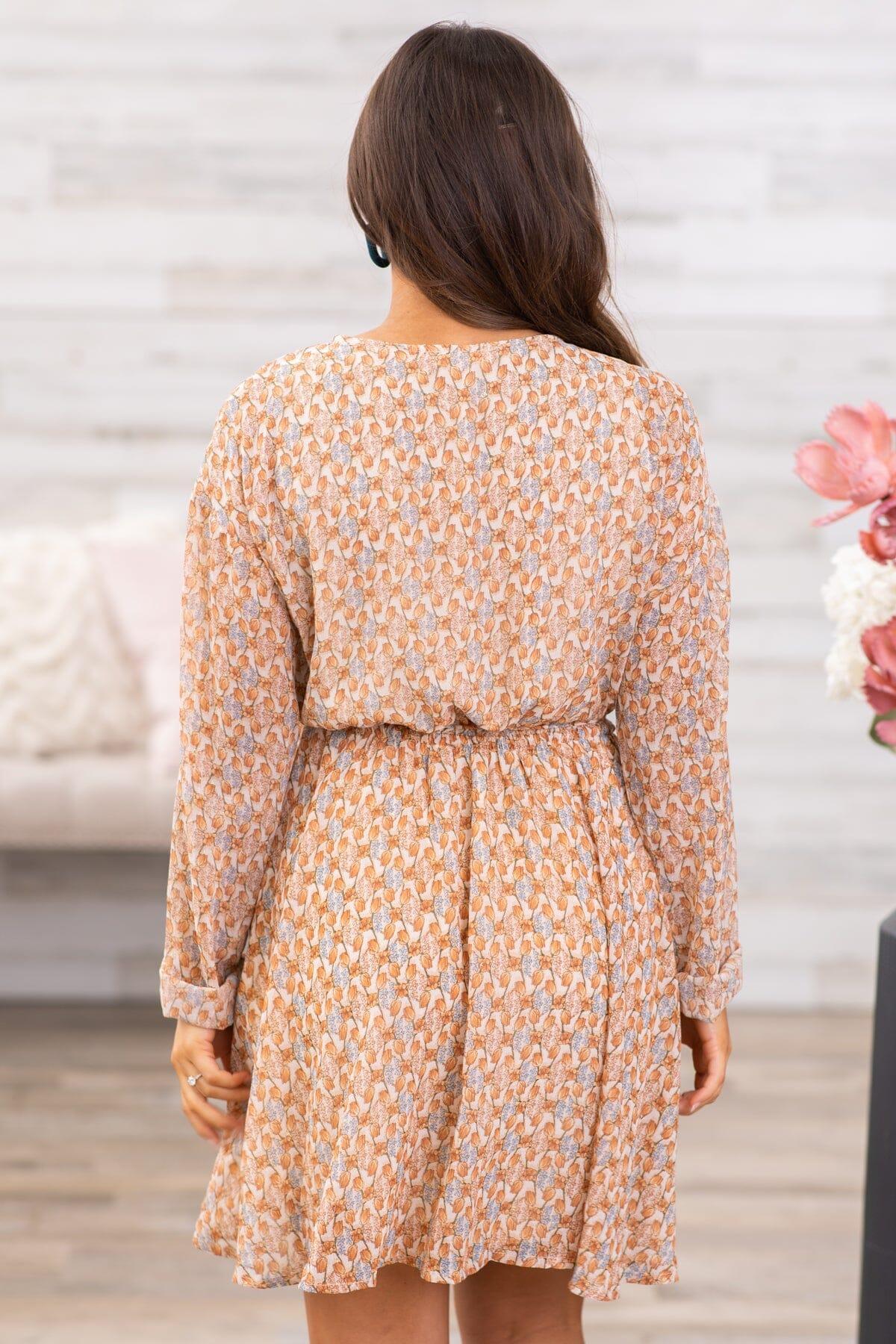 Tan Surplice Front Floral Long Sleeve Dress Product Image