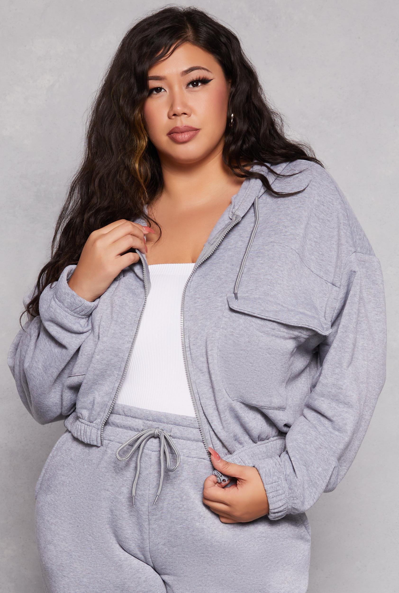 Womens Plus Size Fleece Cargo Pocket Zip Front Hoodie Product Image
