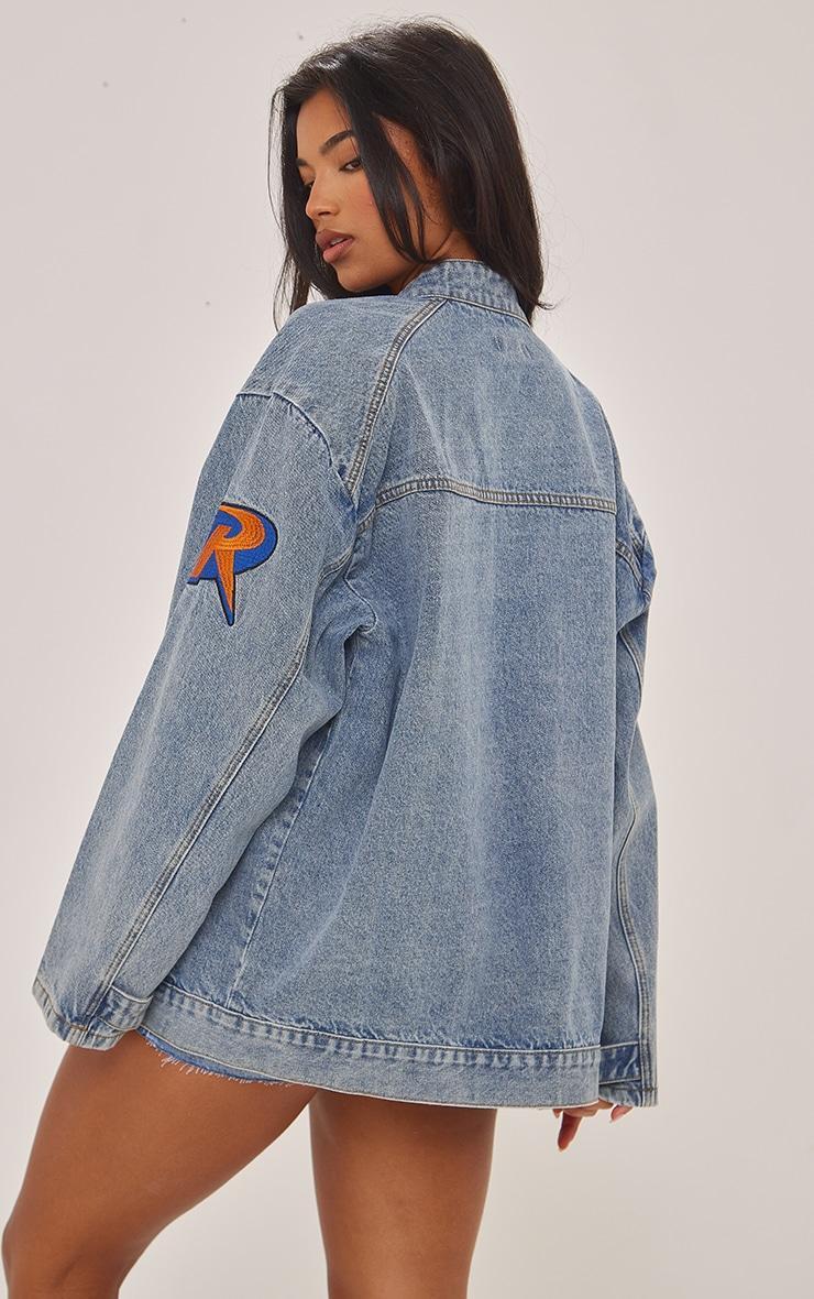 Mid Blue Wash Racer Graphic Oversized Denim Jacket Product Image