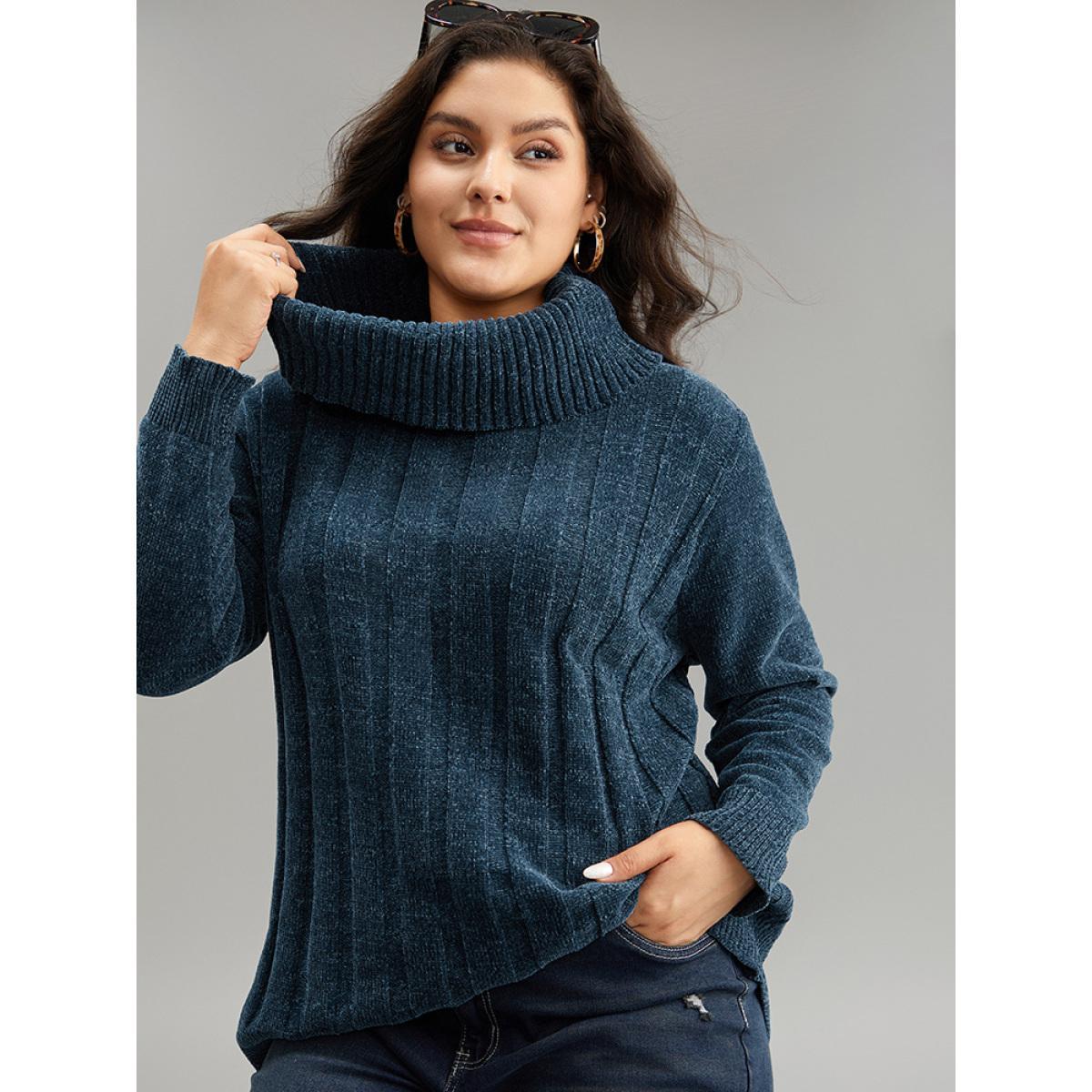 Plus Size Turtle Neck Plain Rib Knit Pullover Cyan Women Casual Long Sleeve Lapel Collar Dailywear Pullovers BloomChic 22-24/3X Product Image