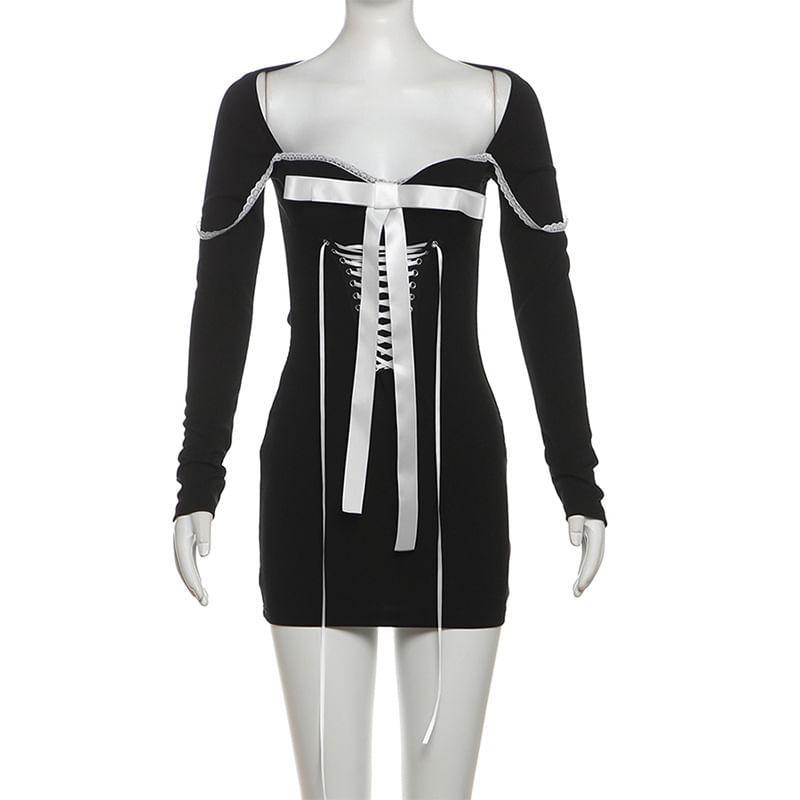Long-Sleeve Square Neck Ribbon Front Mini Bodycon Dress Product Image