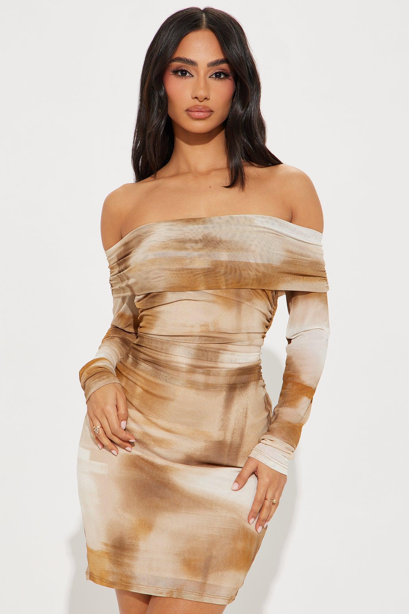 On Your Mind Mesh Mini Dress - Taupe/combo Product Image
