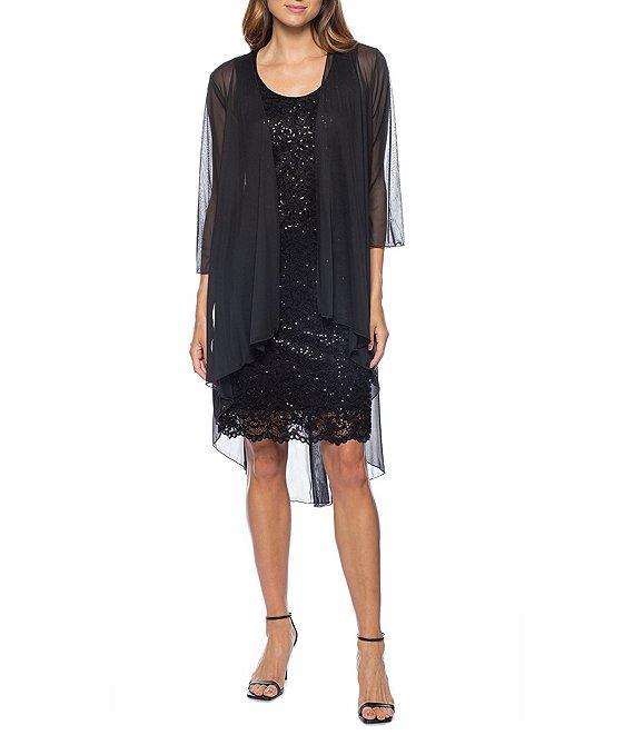 Marina Sequin Lace Scoop Neck 3/4 Sleeve Sheath Chiffon Duster 2-Piece Jacket Dress Product Image