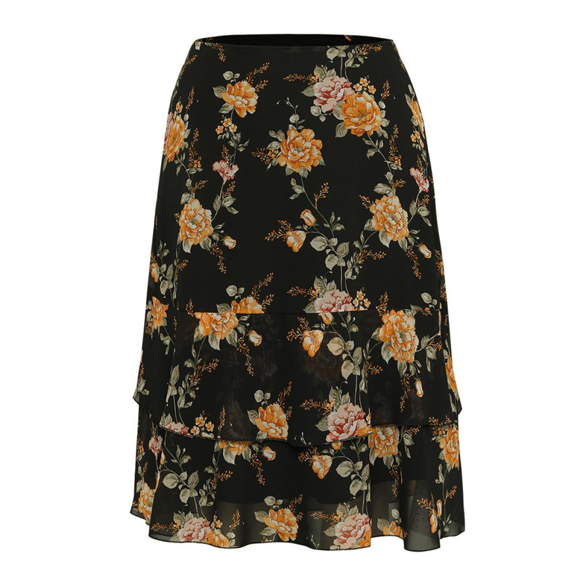 Plus Size Floral Printed Flutter Layered Skirt Women Black Elegant See through No stretch Pocket Dailywear Skirts BloomChic 22-24/3X Product Image