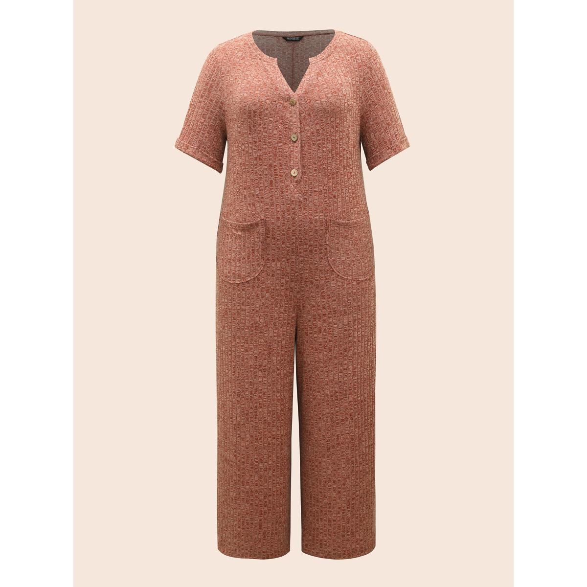 Plus Size Burgundy Texture Button Up Patch Pocket Jumpsuit Women Casual Half Sleeve Flat collar with V-notch Everyday Loose Jumpsuits BloomChic 30/6X Product Image