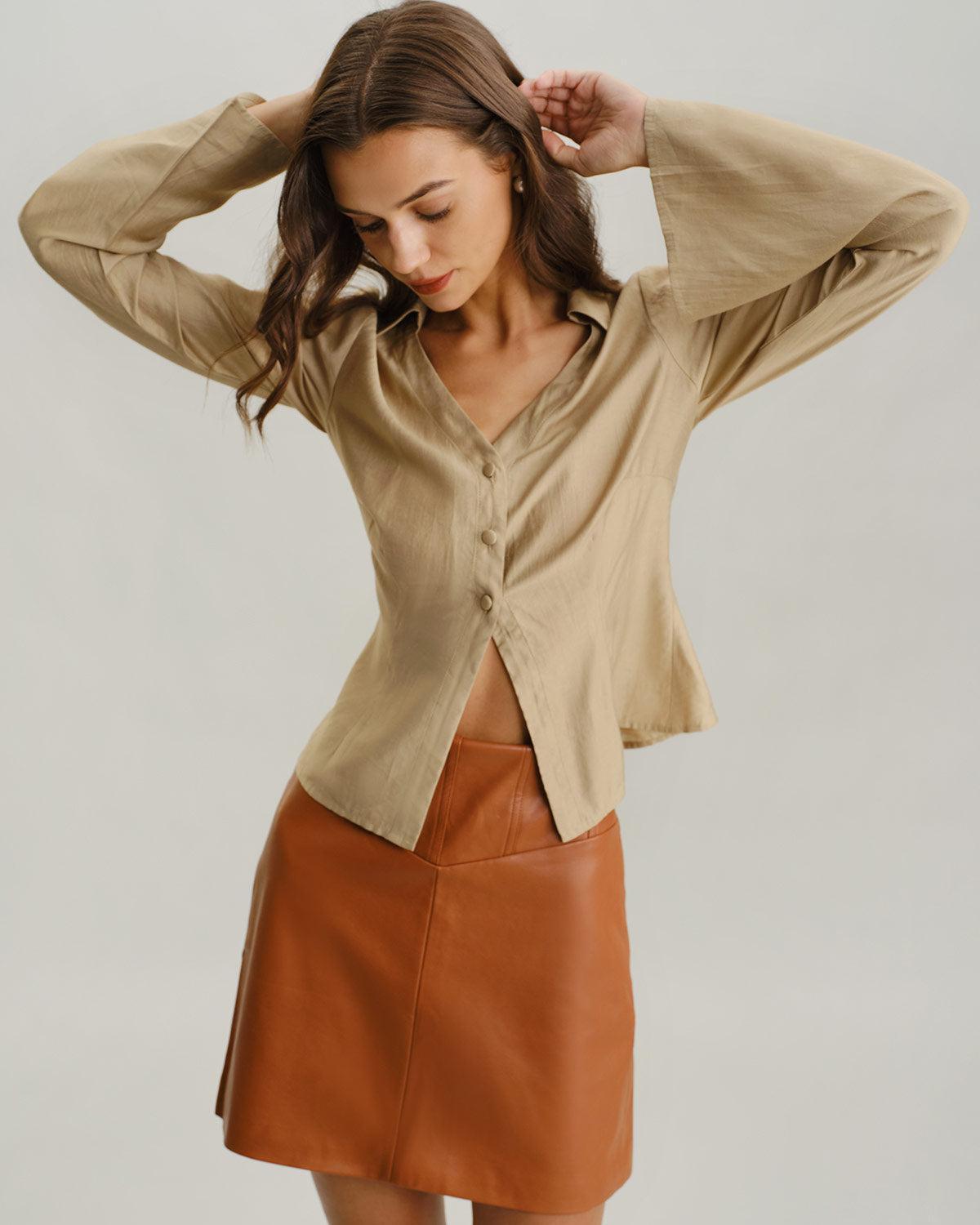 Khaki V Neck Bell Sleeve Shirt Product Image