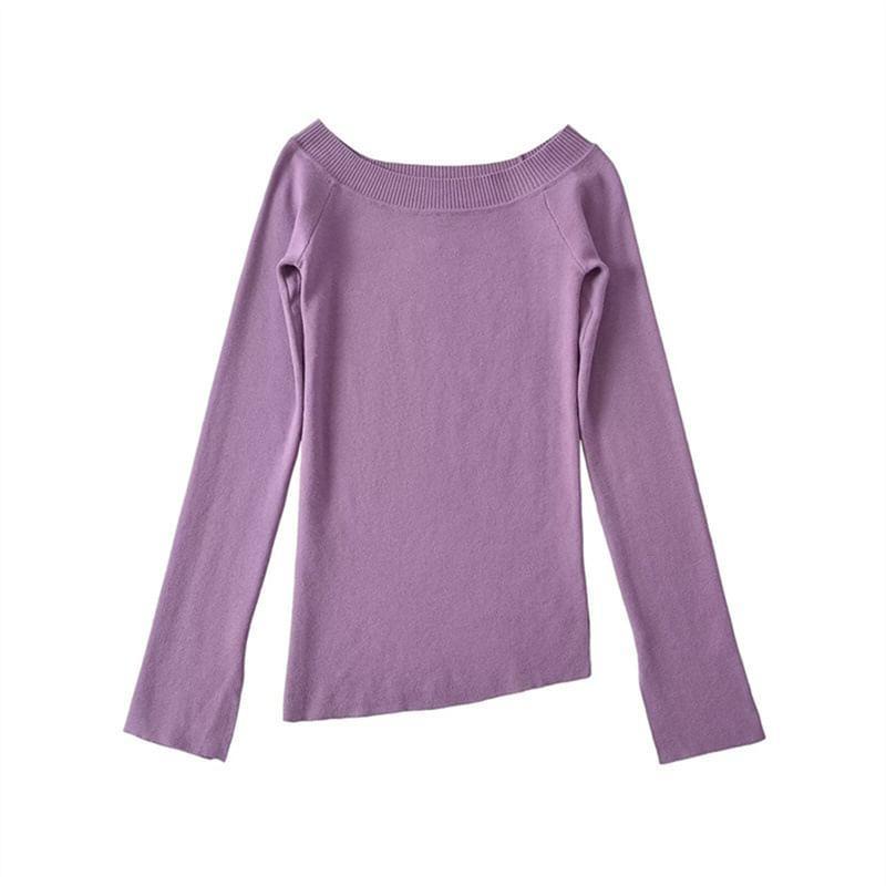 One-Shoulder Plain Side-Slit Sweater Product Image