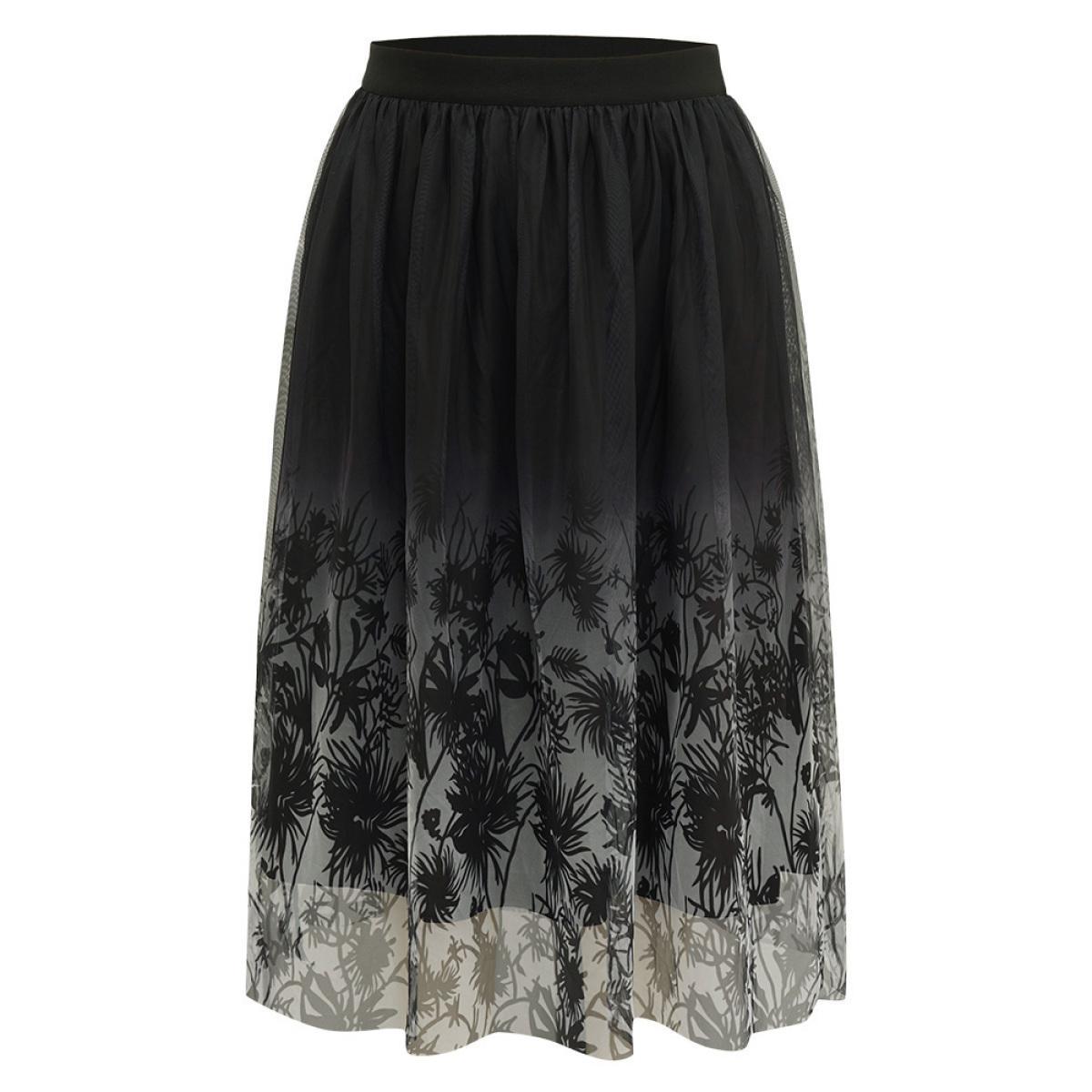 Plus Size Silhouette Floral Print Ombre Mesh Skirt Women Black Glamour Lined No stretch Going out Skirts BloomChic 18-20/2X Product Image