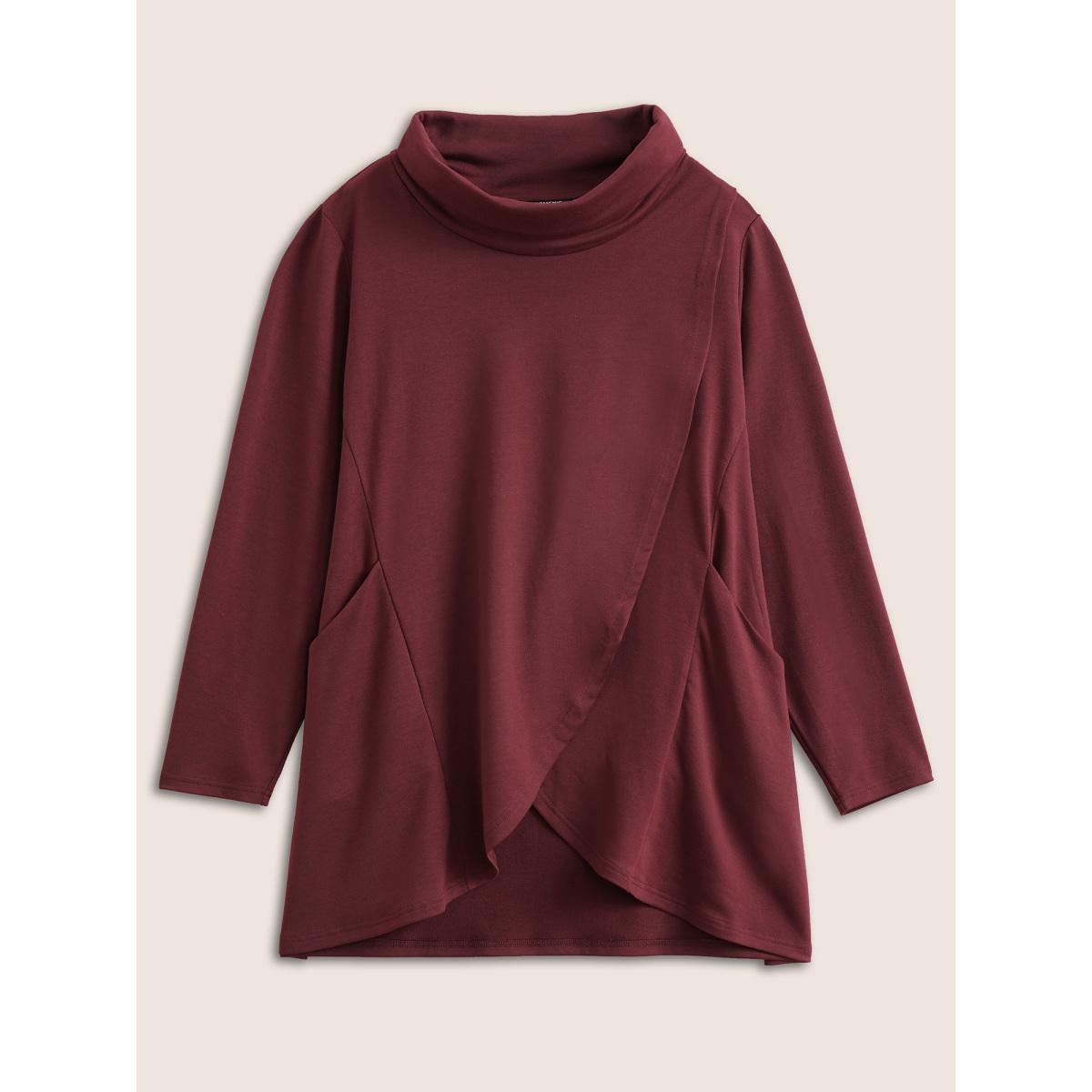 Plus Size Solid Turtleneck Pocket Wrap Hem Sweatshirt Women Burgundy Casual Non Turtleneck Everyday Sweatshirts BloomChic 26/4X Product Image