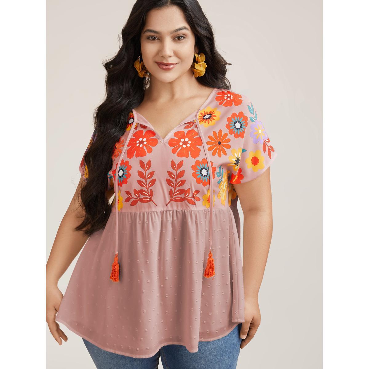 Plus Size Dirtypink Floral Print Neck-Tie Babydoll Top Women Resort Short sleeve Non Vacation Blouses BloomChic 22-24/3X Product Image