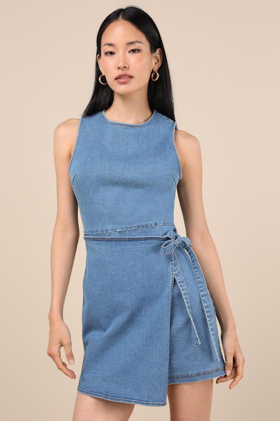 Albena Medium Wash Denim Sleeveless Mini Wrap Dress Product Image