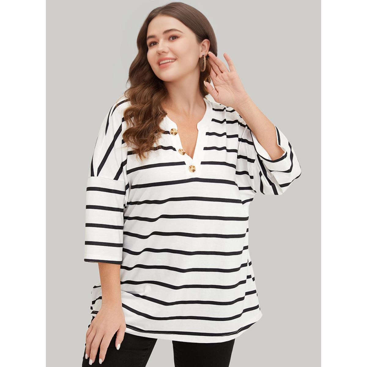 Plus Size Striped Print Button Detail Notched T-shirt White Women Casual Button Striped Notched collar Dailywear T-shirts BloomChic 28/5X Product Image